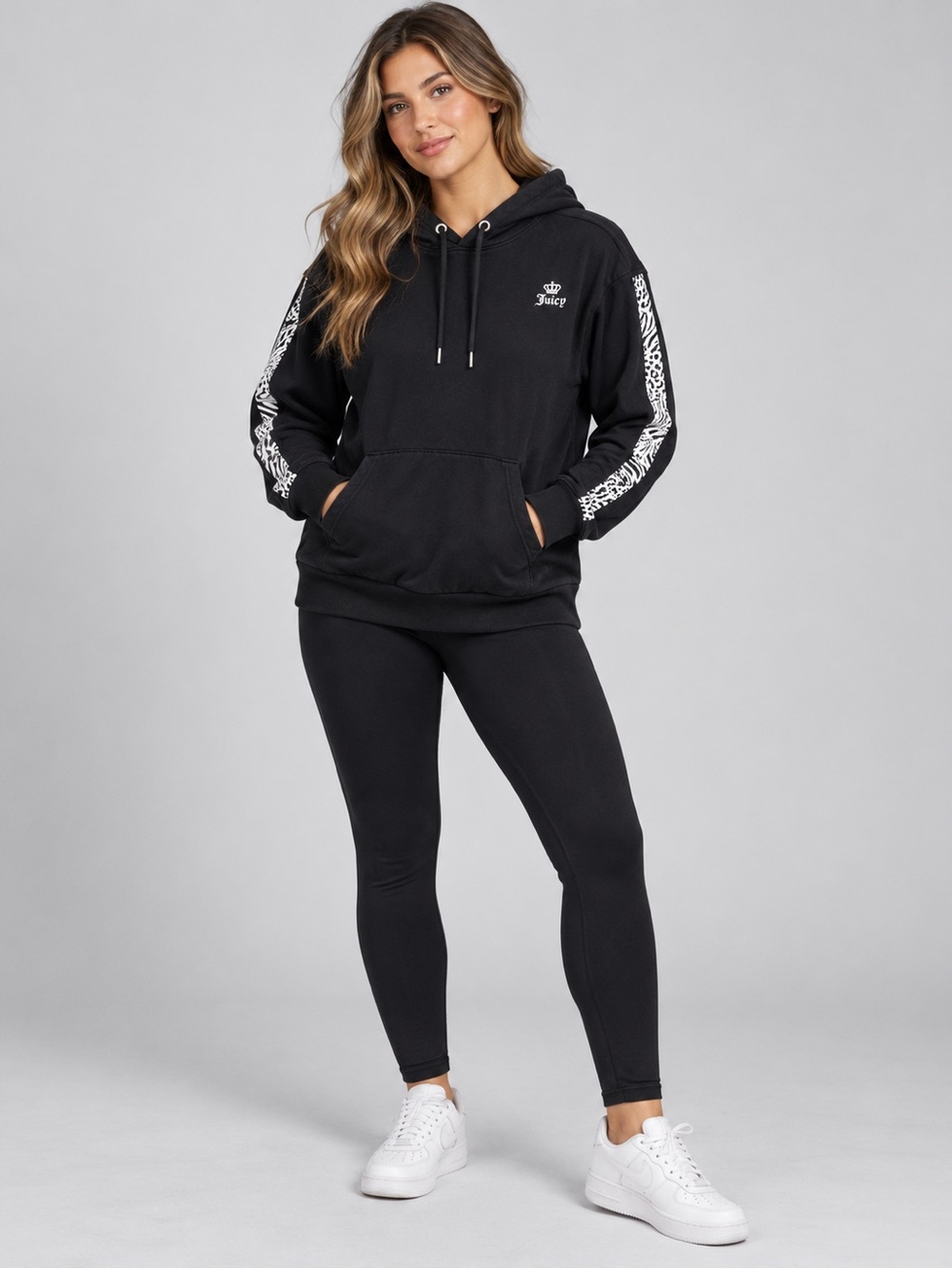 Juicy Couture Sport Black Hoodie Women’s Size L Animal Print Sleeve Stripe Y2K